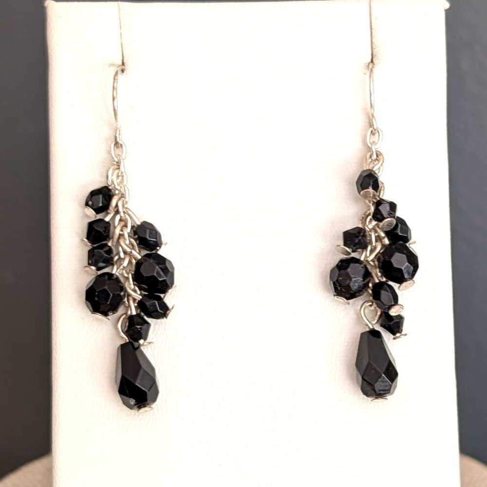 Multi black bead and silver fringe dangle earrings